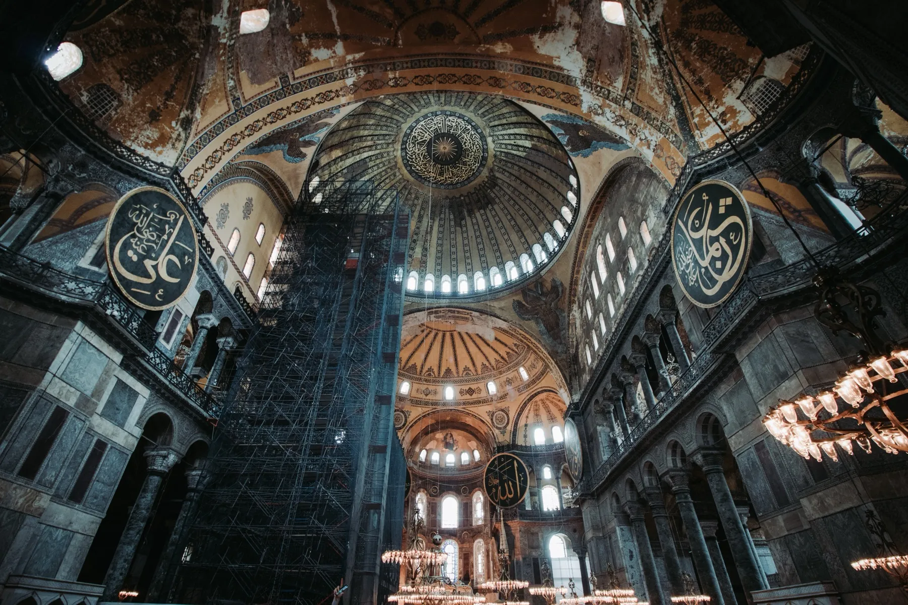 The dome and galleries inside Hagia Sophia